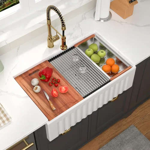 Vista 15 de Fregadero de 33 unidades de arcilla refractaria de 33 x 20 x 10 pulgadas, color blanco, fregadero de cocina de porcelana de cerámica, estilo casa