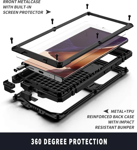 Vista 5 de Funda de metal compatible con Samsung Note 20 Ultra con protector de pantalla militar, resistente a prueba de golpes, con soporte para cámara, funda