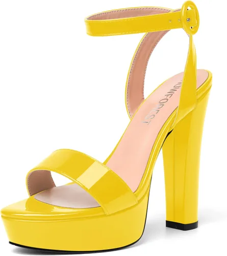 Vista 16 de SHOWFOREST Sandalias de tacón alto para mujer, con hebilla de plataforma y hebilla de charol y correa de tobillo de bloque sólido, 5 pulgadas Beige
