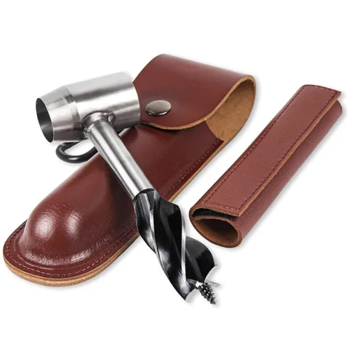 Vista 7 de Survival Settlers Tool Bushcraft - Llave de taladro manual de ojo escocés para madera, herramienta de supervivencia con bolsa de cuero y gancho