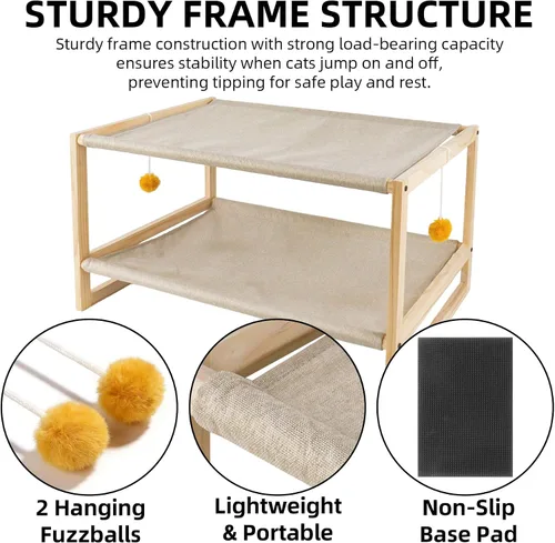 Vista 3 de Hamaca para gatos de 2 capas, litera de madera de pino para gatos con funda extraíble lavable, capacidad de 45 libras/nivel, cama elevada