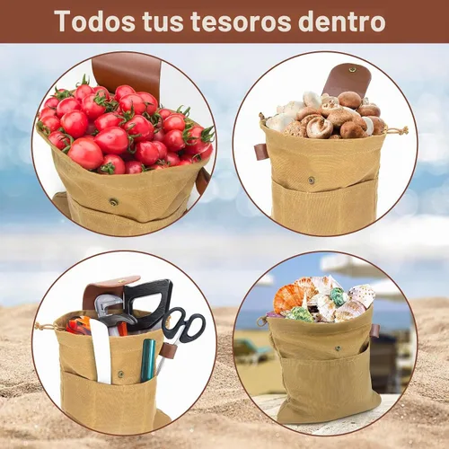 Vista 5 de Bolsa de forrajeo de lona encerada para acampar al aire libre, bolsa de forrajeo resistente al agua, plegable, de hongos marrones, bolsa