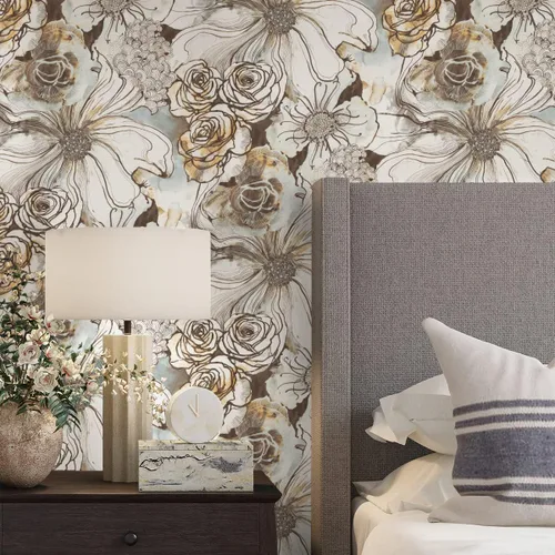 Vista 3 de NextWall Harry & Grace Ink Rose - Papel tapiz para despegar y pegar, diseño floral abstracto (Mocha y Niebla Azul)