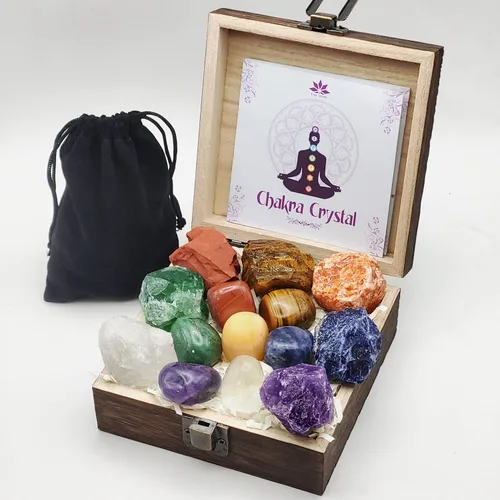 Vista 7 de Caja de regalo de 7 piedras de chakra y cristales curativos, 7 piedras crudas de primera calidad, amatista, cristal transparente, con bolsa