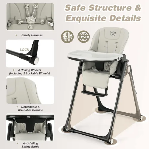 Vista 2 de BABY JOY Silla alta para bebés y niños pequeños, silla alta plegable con respaldo/reposapiés/altura del asiento, bandejas dobles extraíbles, cojín