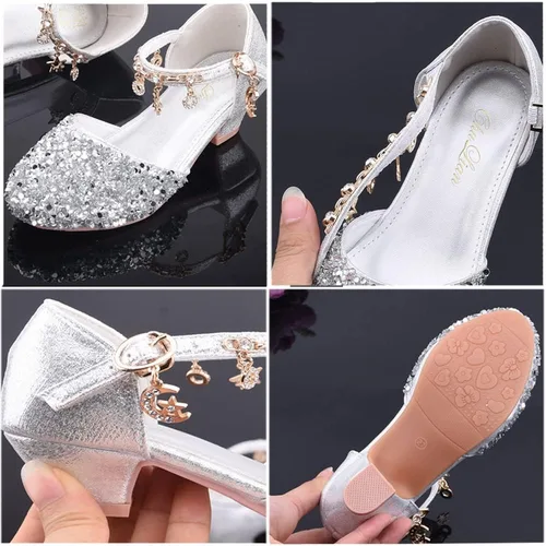 Vista 5 de ChuLian Zapatos de vestir para niñas pequeñas con lentejuelas con purpurina y tacones bajos de princesa, zapatos de vestir de princesa, zapatos
