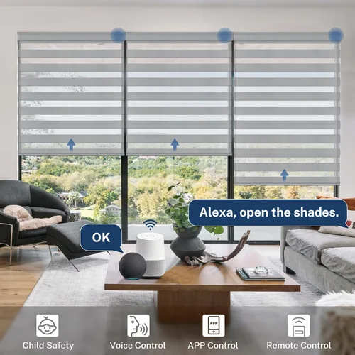 Vista 2 de Keego Persianas motorizadas de cebra con control remoto, persianas para ventana que combinan con Alexa automático y control con caja de sonido