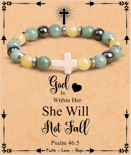 Vista 28 de JoycuFF Regalos Cristianos, Pulseras de Cruz para Mujeres, Joyería Cristiana Católica Religiosa de Fe de Pascua, Pulseras de Piedra Natural