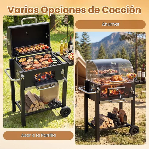 Vista 6 de Giantex Parrilla de carbón con estante lateral plegable, parrilla de barbacoa al aire libre con bandeja de carbón ajustable, termómetro, estantes