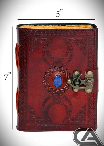 Vista 4 de Diario de cuero de triple luna, diario grimorio, cuaderno de bocetos de cuero de una sola piedra, 200 hojas antiguas en blanco con borde de cubierta