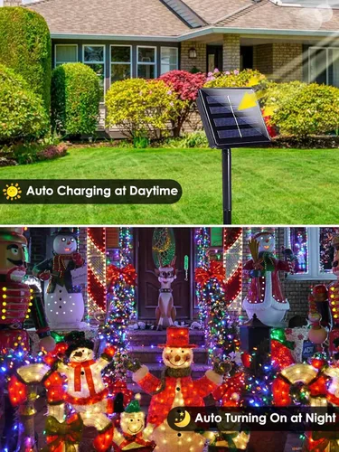 Vista 3 de Paquete de 4 luces solares de Navidad multicolor para exteriores, impermeables, 400 LED de 132 pies, cable verde con 8 modos, luces solares de hadas