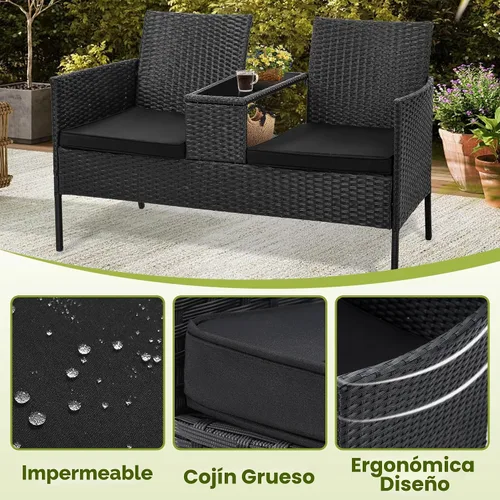 Vista 3 de Kromax Sofá biplaza de mimbre para patio de 2 asientos, sofá biplaza de Ratán negro con cojín negro