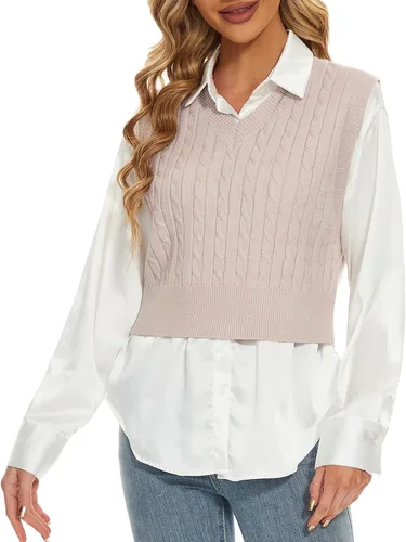 Vista 2 de Chaleco de punto trenzado para mujer, cuello en V, sin mangas, suéter de punto trenzado