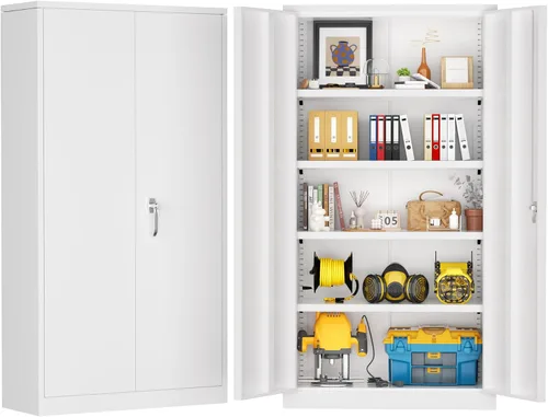 Vista 12 de Greenvelly Armario de almacenamiento de metal de 72 pulgadas de alto con 2 puertas y 4 estantes ajustables, gabinete de metal negro con cerradura