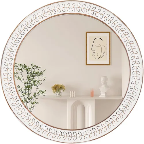 Vista 9 de Espejo redondo de 12 pulgadas con marco de madera para granja, espejo rústico decorativo envejecido montado en la pared para baño, dormitorio, sala