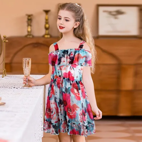 Vista 2 de Nutyomi Vestido de verano para niñas pequeñas para el regreso a la escuela, con tirantes de gasa, con volantes, elegante vestido de verano