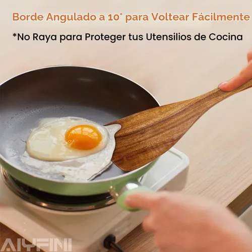 Vista 6 de Utensilios de madera no tóxicos para cocinar - Acacia natural y sin pegamento, juego de espátulas grandes de 15.4" con mango largo resistente al