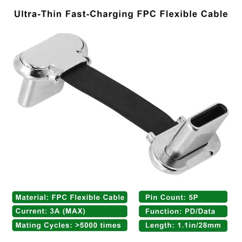 Vista 3 de Cable plano corto USB C de 90 grados, doble ángulo, USB C macho a macho, PD de 65 W, cable de datos de carga rápida para bancos de energía, teléfono