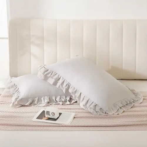 Vista 5 de Bedbay Juego de 2 fundas de almohada beige tamaño Queen, fundas de almohada con volantes, fundas de almohada Shabby Chic tamaño estándar, fundas