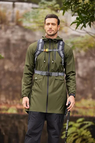 Vista 2 de COOFANDY Chubasquero largo para hombre, chaqueta impermeable para exteriores, con capucha