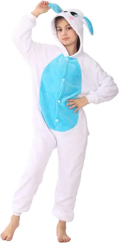 Vista 4 de WOYASIM Disfraz de conejo de franela para niños, disfraz de animal para niñas y niños, Halloween, conejo de Pascua