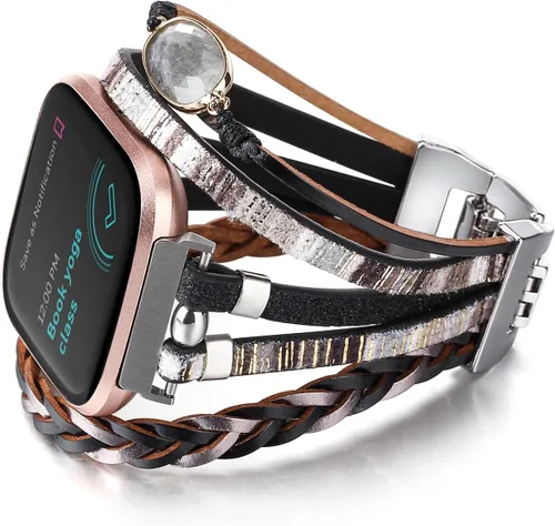 Vista 6 de Pulsera de cuero bohemia compatible con Fitbit Versa 4/Versa 3/Sense/Sense 2 bandas para mujeres y hombres, joyería hecha a mano, correa multicapa