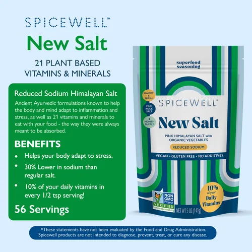 Vista 3 de Spicewell New Salt Sal rosa del Himalaya infundida con 21 vitaminas y minerales a base de plantas, 30% menos de sodio que la sal de mesa, sal