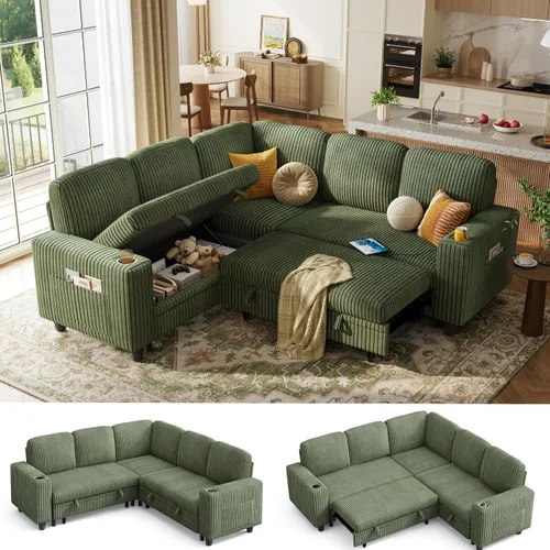 Vista 13 de LINSY HOME - Sofá seccional con cama extraíble y sofá cama deslizable, sofá convertible de pana mullida tipo nube con chaise de almacenamiento