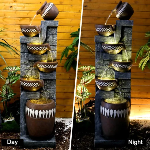 Vista 3 de Fuente de agua para exteriores de 6 niveles de 56.6 pulgadas de alto con luces LED, tarros en cascada con diseño inspirado en tribales para jardín