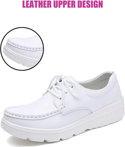 Vista 3 de DirraBra Mocasines de cuero para mujer, con plataforma, con cordones, transpirables, ligeros, cómodos