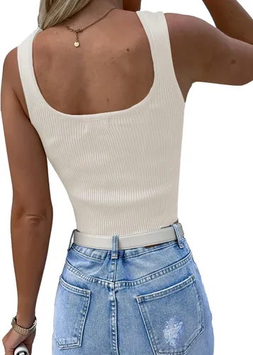 Vista 2 de LYANER Camiseta sin mangas con flecos de diamantes de imitación para mujer, cuello cuadrado, sin mangas