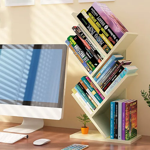 Vista 9 de Estantería de árbol de 4 niveles, estantería de pie para libros que ahorra espacio, estante organizador de almacenamiento de revistas, estante