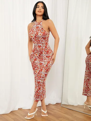 Vista 7 de Verdusa Vestido largo ajustado sin mangas con cuello halter y estampado floral para mujer