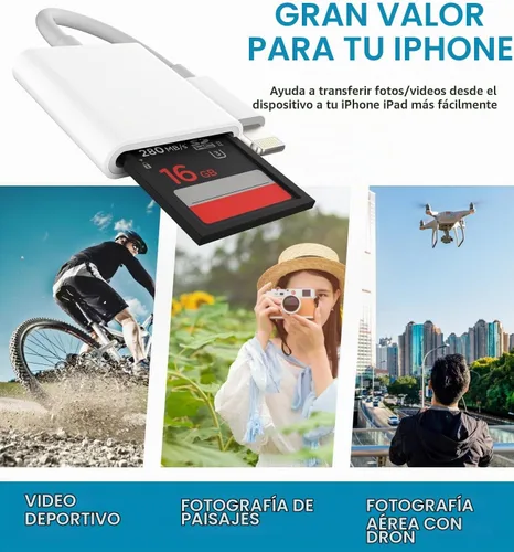 Vista 8 de Lector de tarjetas Lightning a SD para iPhone, adaptador de cámara Lightning, visor de cámara de rastro, tarjeta SD, adaptador de tarjeta de memoria