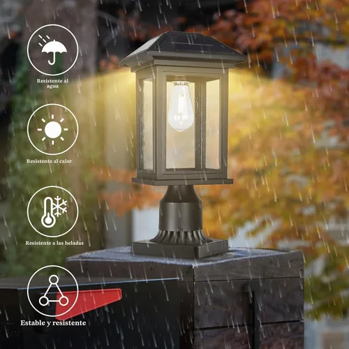 Vista 5 de Luces de poste solares para exteriores, lámparas de poste negro impermeables y antioxidantes con vidrio transparente, lámpara LED alimentada por