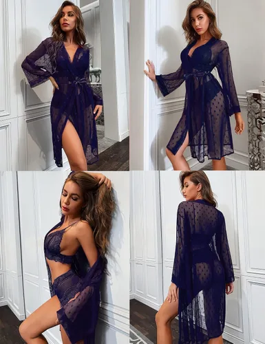 Vista 2 de RSLOVE Conjunto de lencería sexy para mujer, 3 piezas, bata de kimono de encaje con brasier y braga transparente para dormir