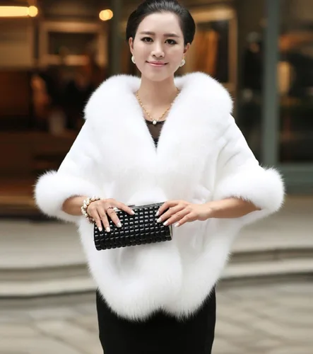Vista 3 de Caracilia Women Luxury Faux Fur Coat Jackets Wrap Cape Shawl for Wedding Party
