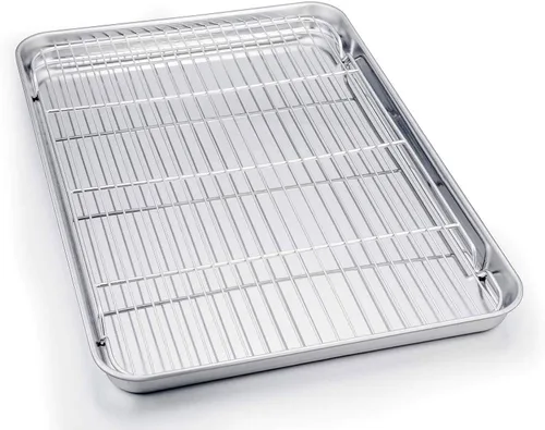 Vista 11 de TeamFar Juego de bandeja y rejilla para horno tostador, 9.3'' x 7'' x 1'', bandeja para horno tostador de acero inoxidable bandeja para asar,