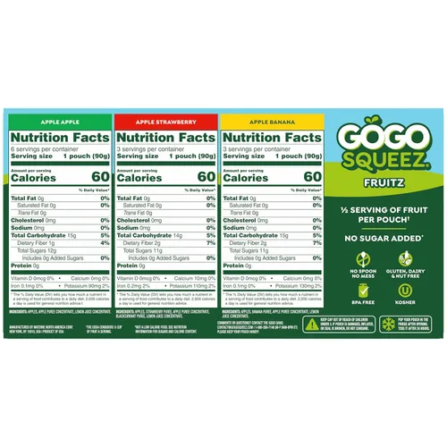 Vista 2 de GoGo squeeZ Puré de manzana y puré de frutas, manzana, fresa y plátano, 3.2 oz (paquete de 12), aperitivos de frutas sin azúcar para niños, sin