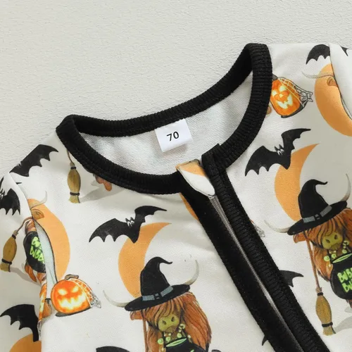 Vista 7 de Wrrkayly Ropa de Halloween para bebés niños y niñas, recién nacidos, manga larga, con capucha, mameluco de calabaza, fantasma, con cremallera