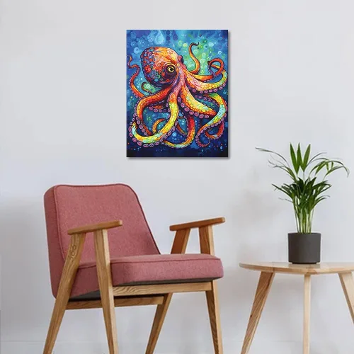 Vista 2 de TISHIRON Pintura de bricolaje por números, pulpo colorido, pintura por números para adultos, pintura abstracta para adultos por números, arte