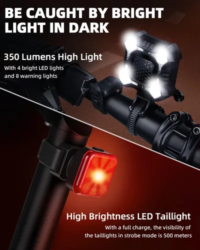 Vista 6 de WSDCAM Bocina de bicicleta de 140 dB con luz delantera y trasera, interruptor de control de campana de bicicleta 2 en 1, luz LED, recargable a