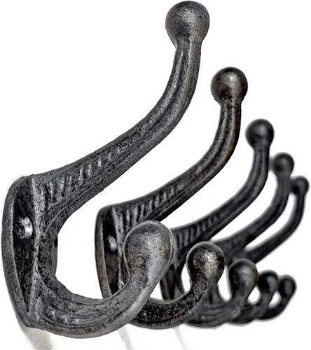 Vista 7 de Ambipolar Paquete de 5 ganchos de pared rústicos – Hierro fundido resistente de inspiración vintage negro antiguo para vestíbulo, abrigo, perchero