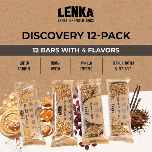Vista 3 de Lenka Discovery - Paquete de 12 bocadillos de granola con alto contenido de fibra, caramelo salado, bayas omega, vainilla expreso, mantequilla