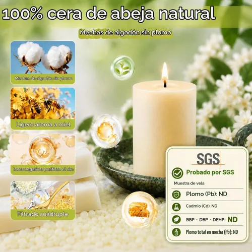 Vista 2 de Paquete de 3 velas de cera de abeja en forma de pilar, velas de cera de abeja blanco marfil - 105 horas de combustión larga, velas de cera de abeja