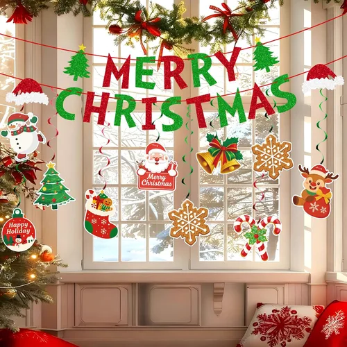 Vista 7 de jijAcraft 38 carteles de decoración navideña de Feliz Navidad, remolino colgante premontado, decoraciones de Navidad para interiores, decoración