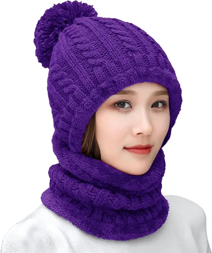 Vista 25 de Gorro de Invierno para Mujer de Una Pieza con Forro Polar Pasamontañas de Punto Conjunto con Bufanda Circular para Cuello Gorro de Esquí para Nieve