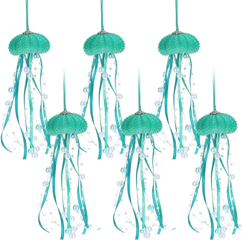 Vista 12 de Namalu 6 piezas de adorno de Navidad de erizo de mar y medusa con cuentas costeras, decoración festiva de playa con temática de océano, adorno Azul