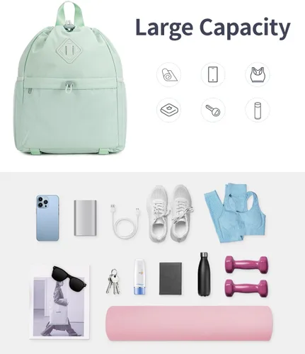 Vista 4 de WANDF Mochila con cordón para mujer, bolsa de gimnasio con correa para esterilla de yoga, resistente al agua, con bolsillo de malla, Verde