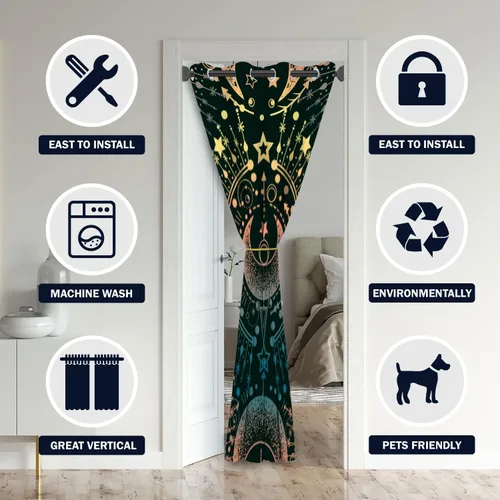 Vista 3 de Cortinas opacas de fantasía bohemias para puertas, diseño de luna mística, estrellas, tribal, para armario de dormitorio de niños, con ojales